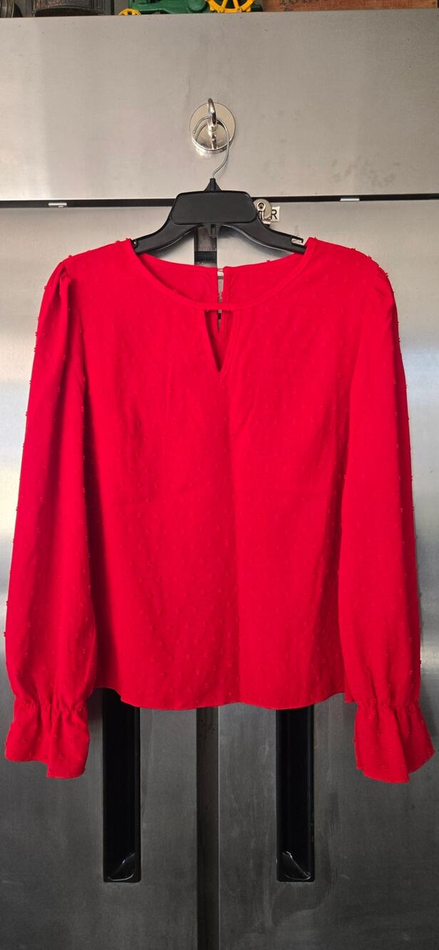 SHEIN Women's Red Swiss Dot Keyhole Balloon Sleeve Top Size XL